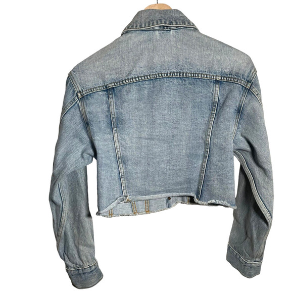 Wilfred Free Aritzia Sandalis Fringed Hem Button Down Cropped Denim Jacket Small - Picture 8 of 11